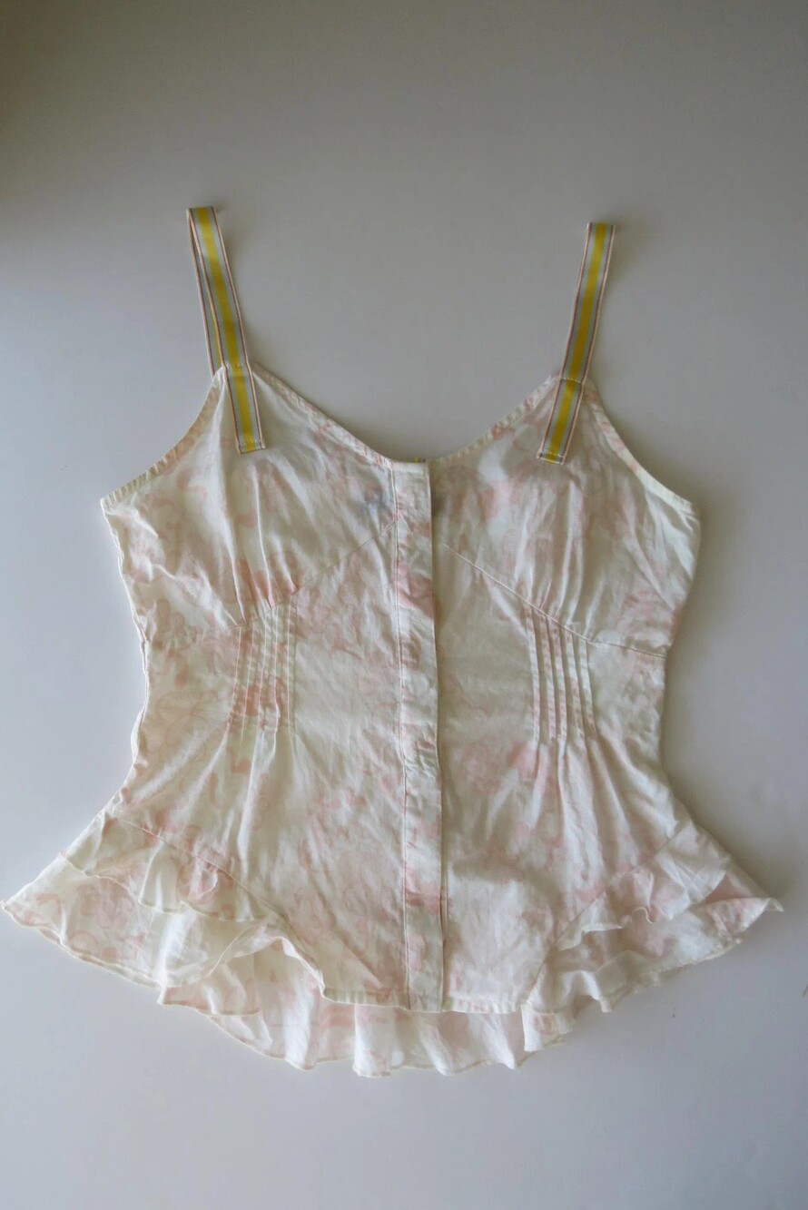 Vintage Italian 2000s Sandro Ferrone Cotton Corset Top, Cream Pink Floral Peplum